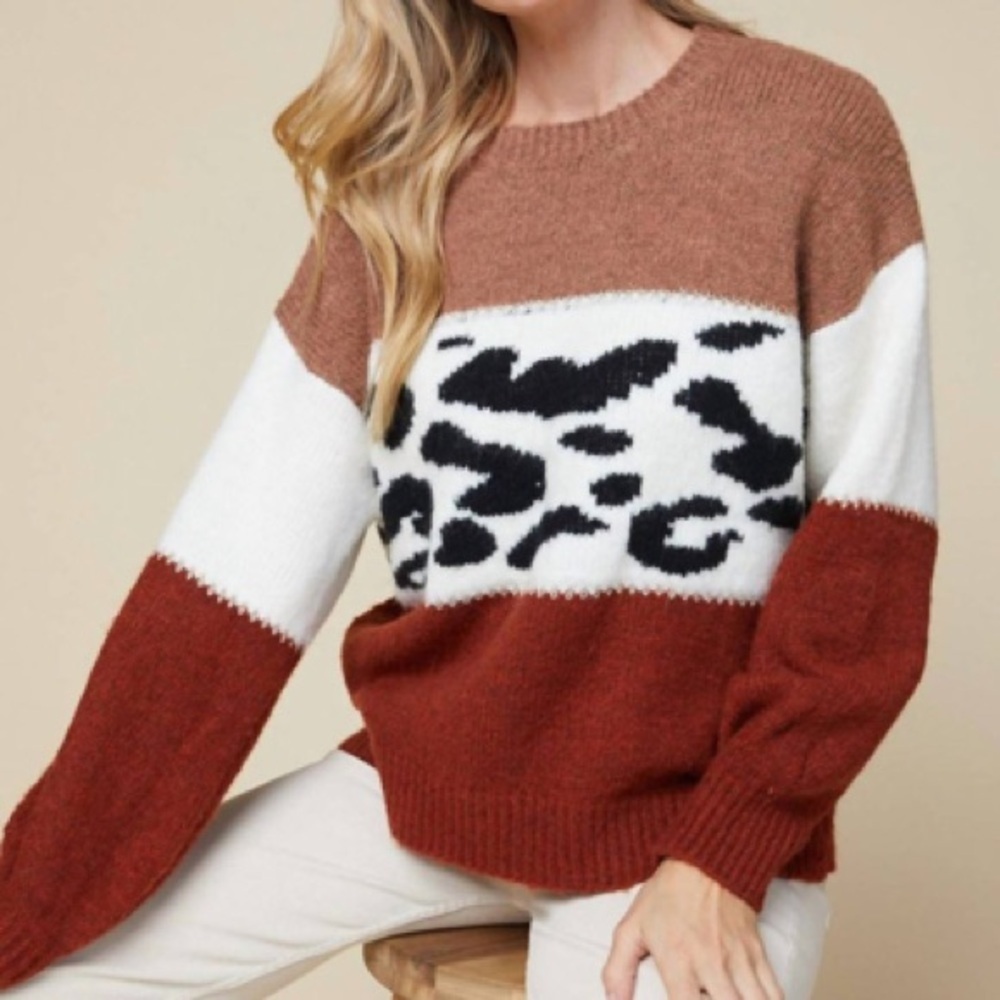 Entro Color Block Leopard Print Fall Fuzzy Sweater Sz M